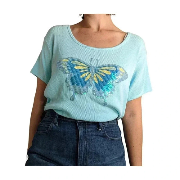 Vintage Curve Woman Blue Ribbed Sequin Butterfly Tee 2X - Picture 10 of 11